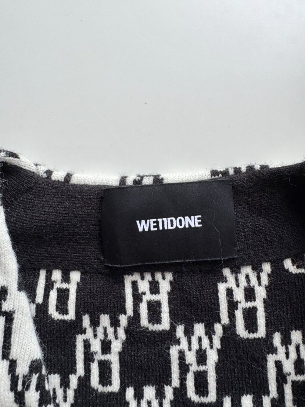 WE11DONE WD1 White Black Logo Wool Cashmere Jacquard Cardigan Sweater, Size S - Picture 14 of 16